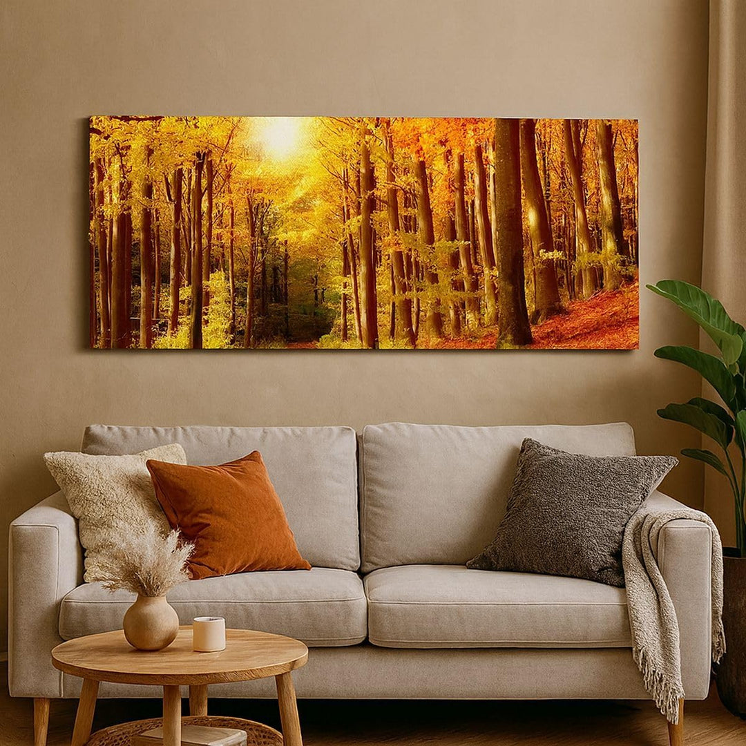 Wandbilder Dekoration Wohnzimmer Pfad Blätter Wald Panorama Bilder auf Leinwand 120x50cm Leinwandbil