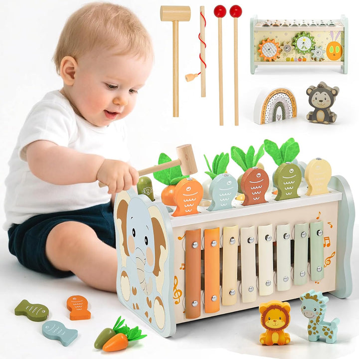 Montessori Spielzeug ab 1 Jahr, 6 in 1 Holzspielzeug ab 1 Jahr, Motorikspielzeug mit Hammerspiel Ang