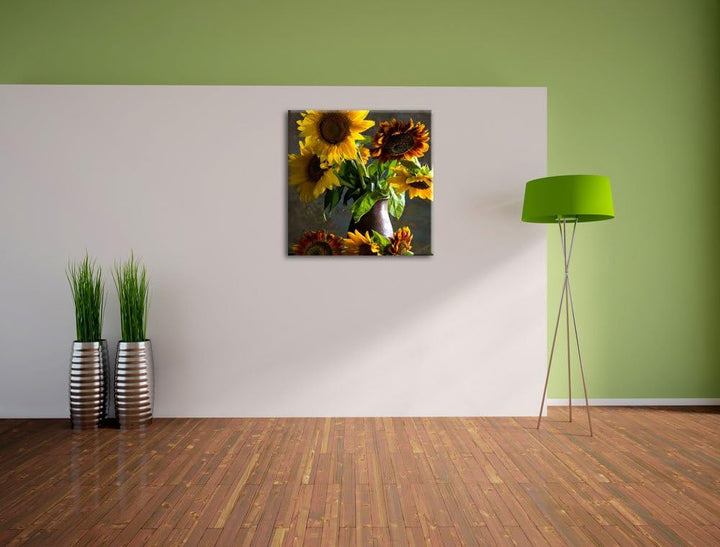 Sonnenblumen in edler Vase, Format: 70x70 auf Leinwand, XXL riesige Bilder fertig gerahmt mit Keilra