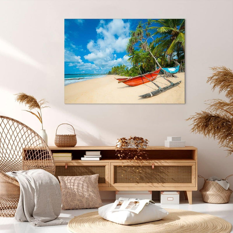 ARTTOR Bilder auf Leinwand 100x70cm Leinwandbild Golf Ozean Palme Boot Gross Wanddeko Bild Schlafzim