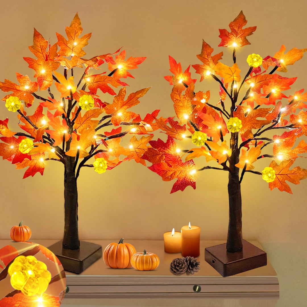 TURNMEON [ 2 Pack &amp; Timer 24 Inch Lighted Maple Tree Fall Decor, Total 48 LED Battery Operated Table