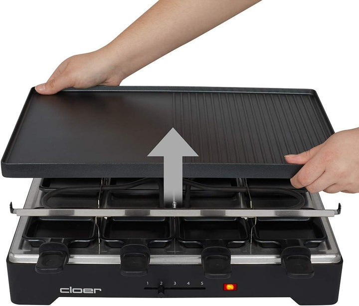 Cloer 6446 Raclettegrill mit Aluminium Druckguss Platte - beidseitig verwendbar, 1200 W, 8 antihaftb