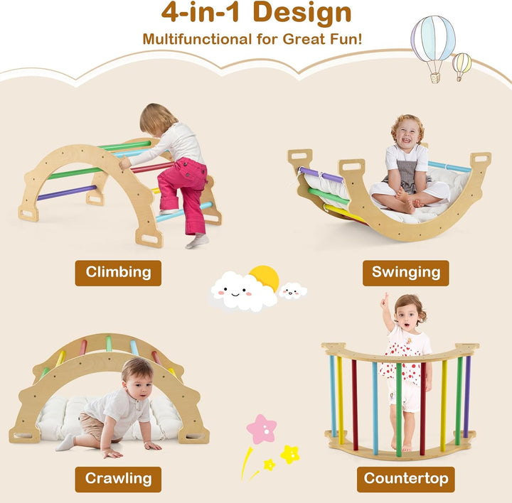 HOMASIS Kletterbogen mit Kissen, Holz Klettergerüst Indoor, Montessori Holzwippe Bogenwippe zum Wipp