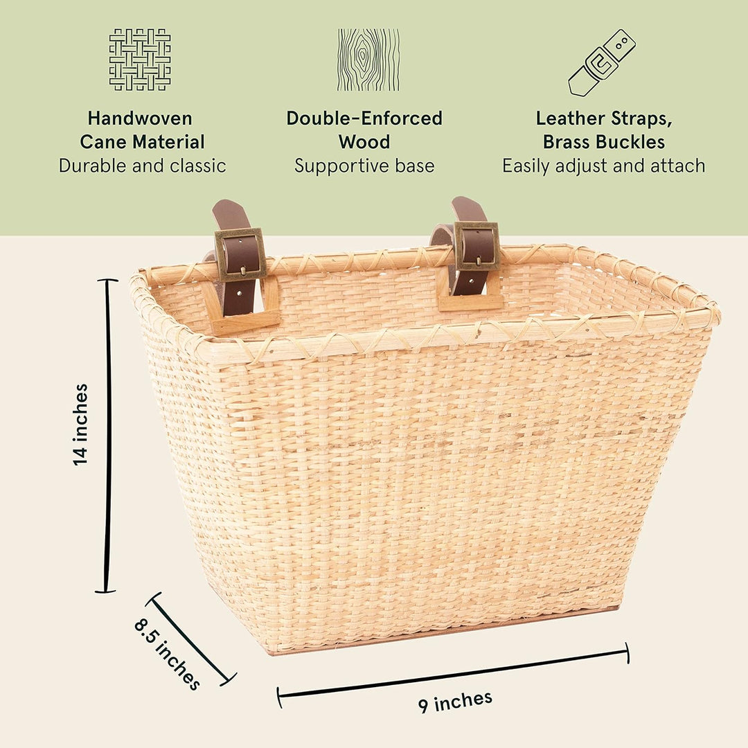 Retrospec Bicycles Cane Woven Rectangular Toto Basket with Authentic Leather Straps and Brass Buckle