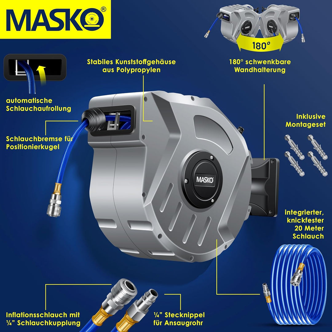 MASKO® 20m Druckluftschlauch Aufroller automatisch 1/4" Anschluss - Schlauchtrommel Wandschlauchhalt