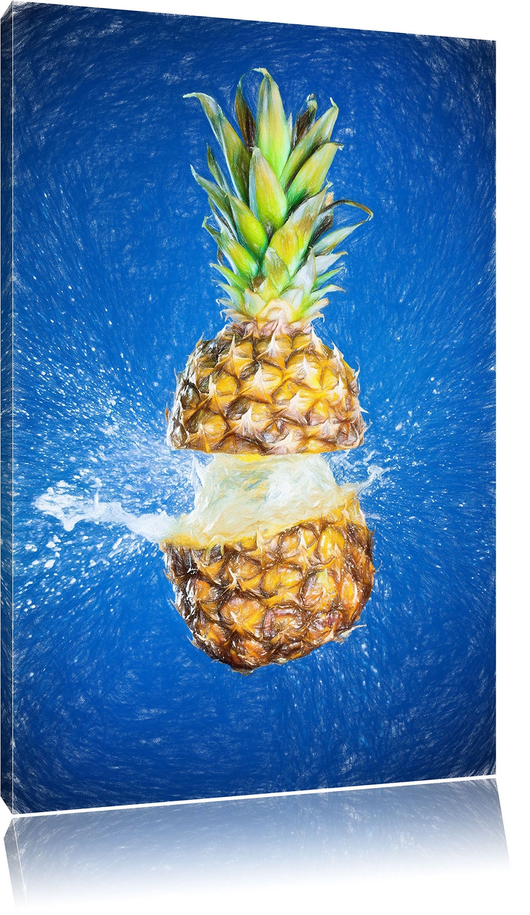 Pixxprint Ananas mit Wasser bespritzt Kunst Buntstift Effekt, Format: 100x70 auf Leinwand, 100x70
