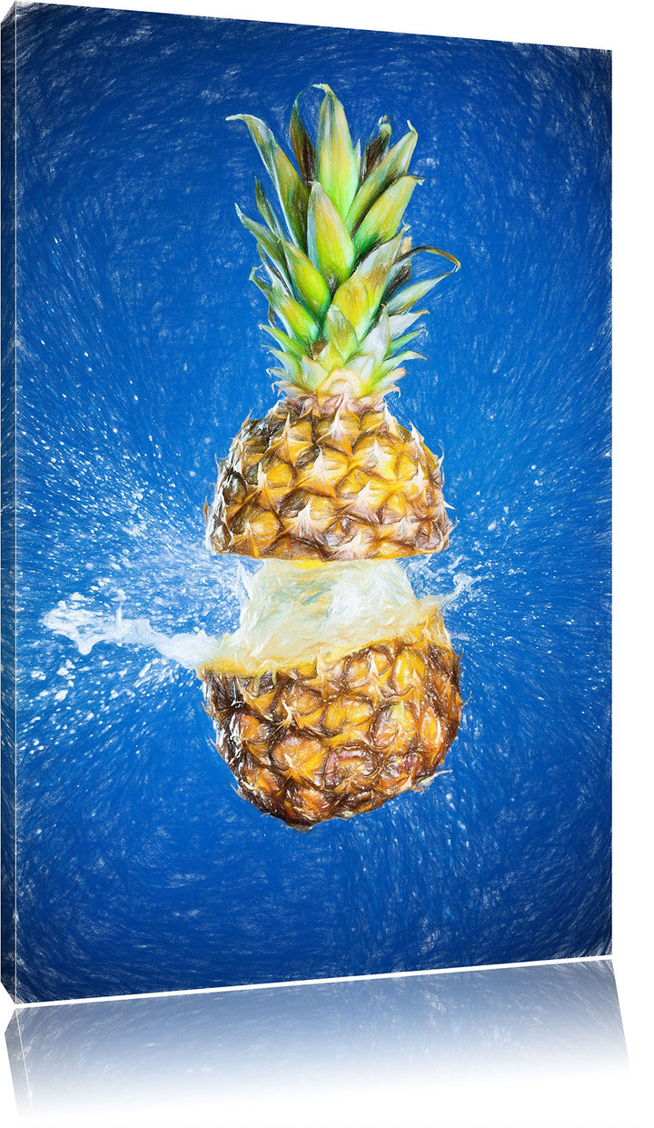 Pixxprint Ananas mit Wasser bespritzt Kunst Buntstift Effekt, Format: 100x70 auf Leinwand, 100x70