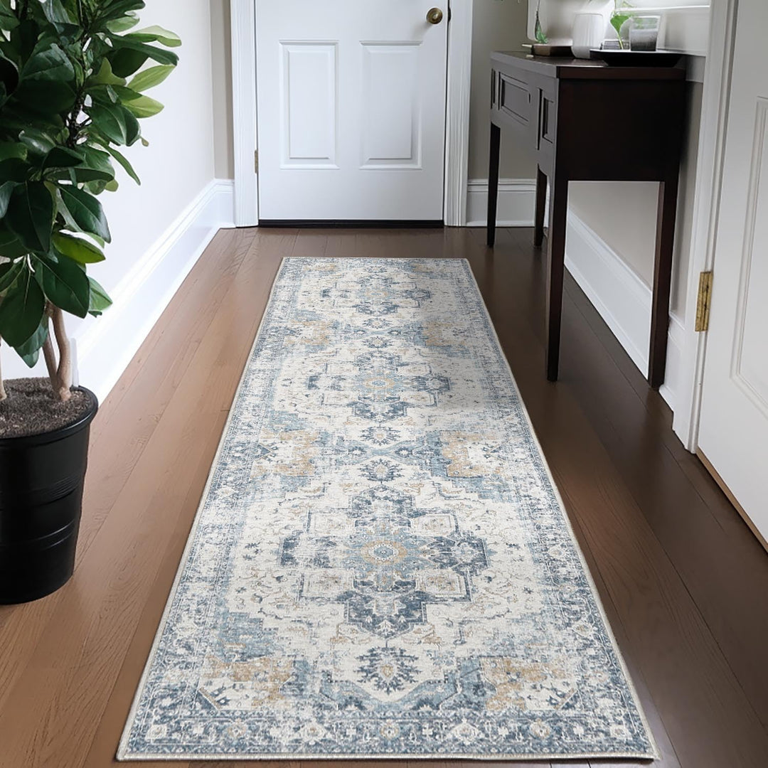 TOPICK Blau Läufer 60x300cm Flur Floral Teppich Waschbar Superdünne Vintage Blumenteppich Kurzflor O