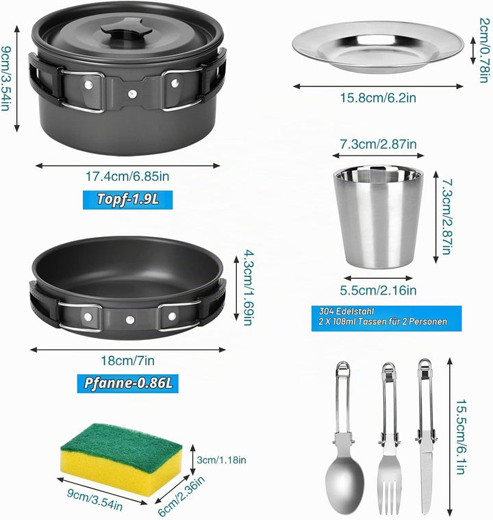Queta Camping Kochgeschirr Set 17-teiligs Cookware Kit Picknick Töpfen für 2-3 Personen Zum Camping