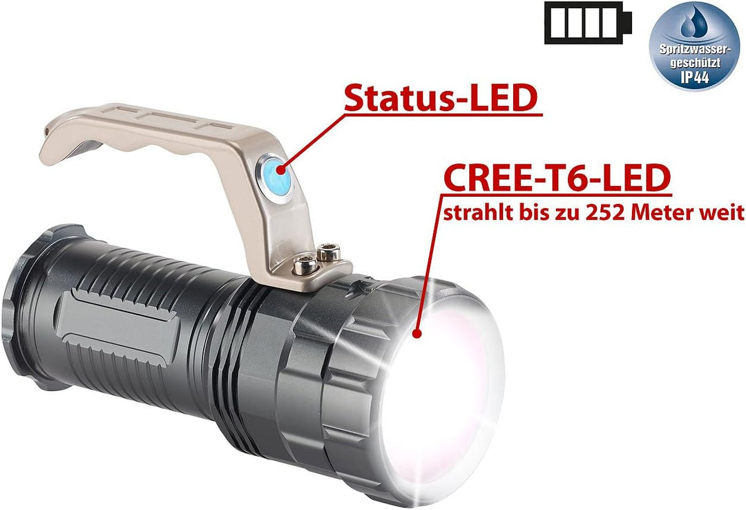 KryoLights Akku Taschenlampen: Extrahelle Akku-LED-Handlampe TRC-410 CREE LED, 400lm, 10W, IP44 (Han