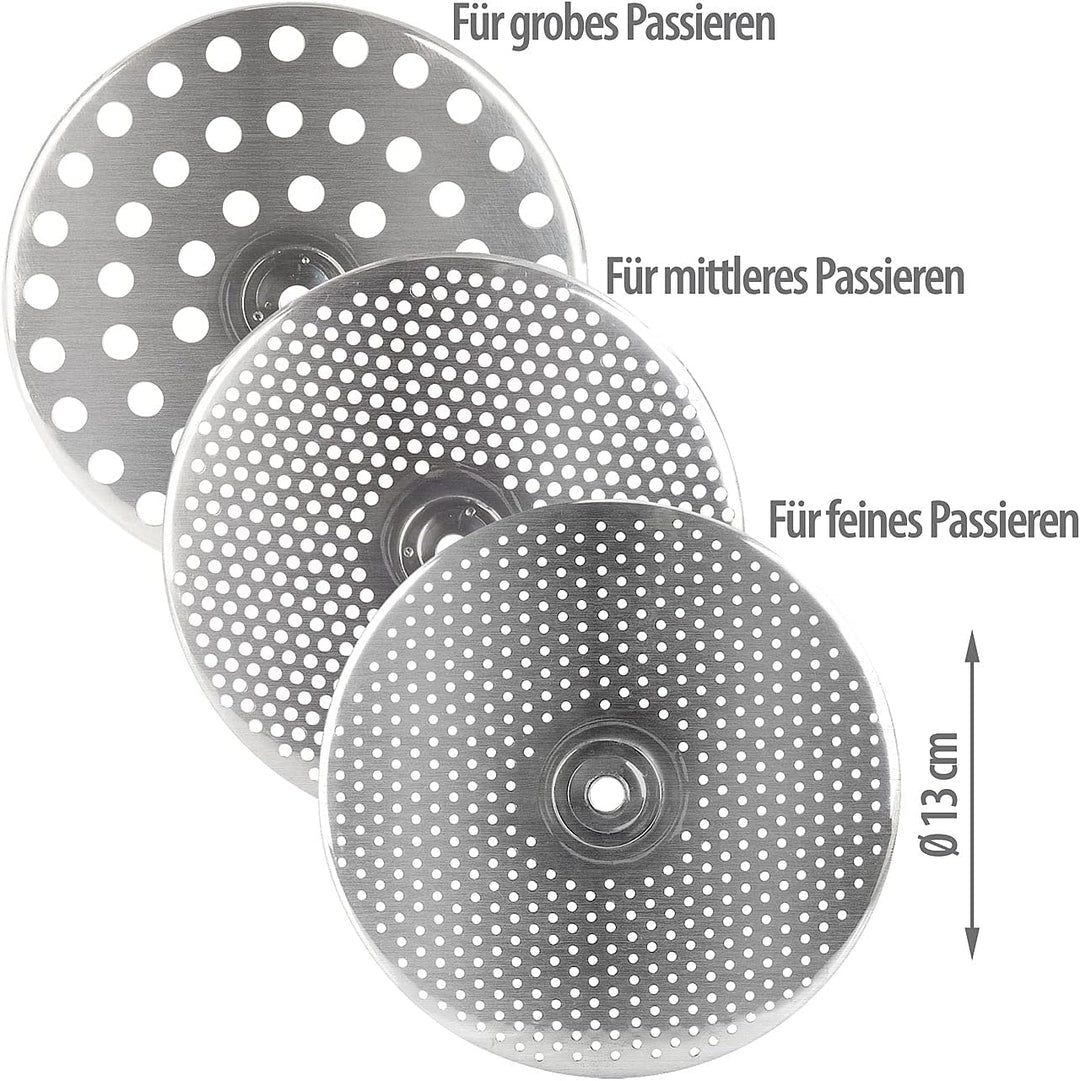 Rosenstein & Söhne Passiersieb: Edelstahl-Passiergerät mit 3 Einsätzen, spülmaschinenfest, Ø 20 cm