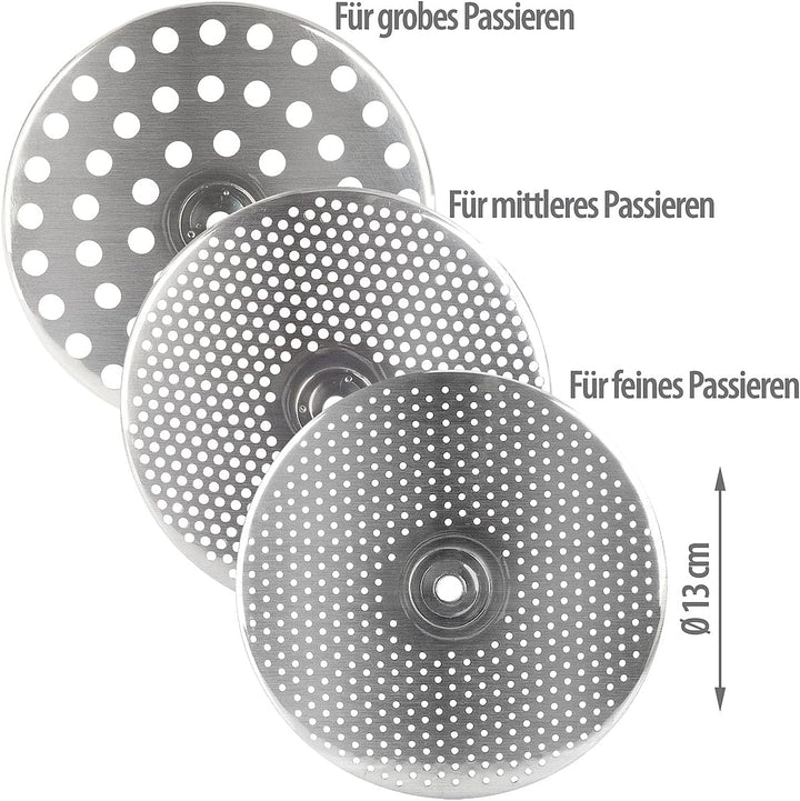 Rosenstein & Söhne Passiersieb: Edelstahl-Passiergerät mit 3 Einsätzen, spülmaschinenfest, Ø 20 cm