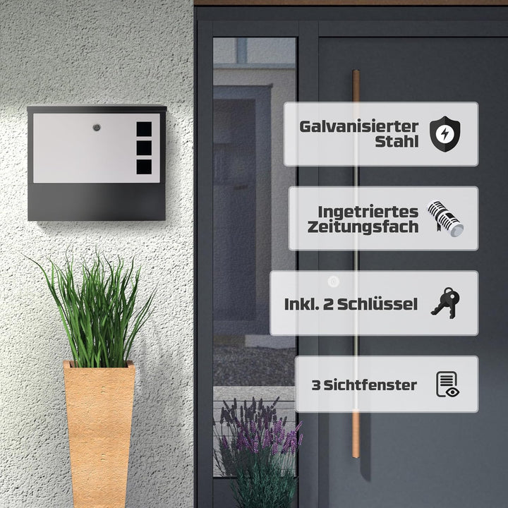 Arebos moderner Design Briefkasten | Wandbriefkasten | Postkasten | inkl. Zeitungsfach | wetterfest