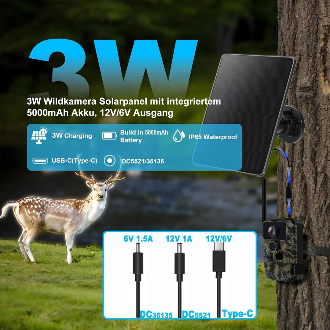 Solarpanel Wildkamera: 5000mAh Akku-Solarpanel für Wild und Outdoor Kameras, 12V/1A&6V/1.5A Solar Ba