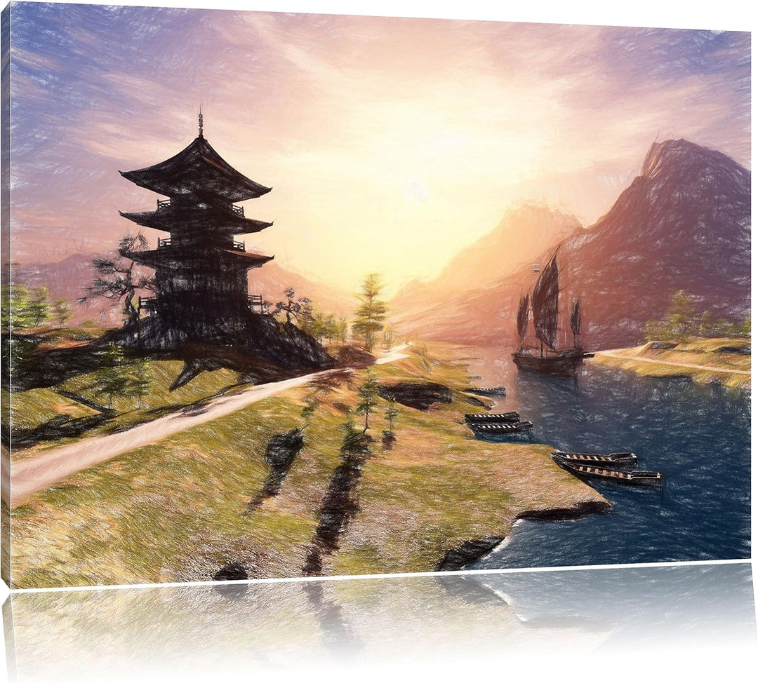 Pixxprint asiatischer Tempel an Fluss als Leinwandbild/Grösse: 100x70 / Wandbild/Kunstdruck/fertig b