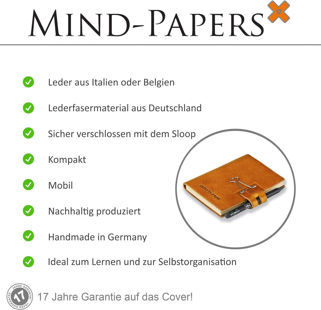 A5 Mind-Papers, revolutionäres X17-Karteikarten-Lernkarten-Box-Konzept! Recyceltes Leder orange, nac
