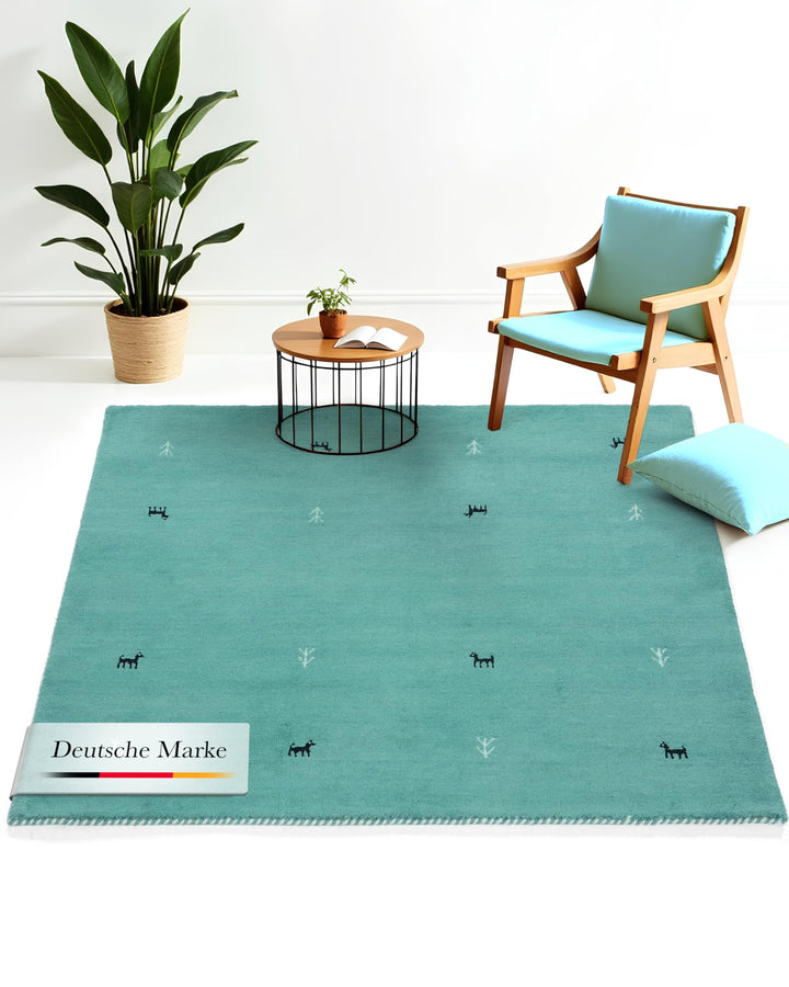 carpetfine Wollteppich Gabbeh Uni Quadratisch Türkis 60x60 cm | Moderner Teppich für Wohn- und Schla