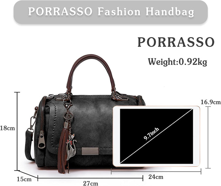 PORRASSO Retro Handtasche Damen Umhängetaschen Frauen Schultertaschen Wasserdicht PU Leder Henkeltas