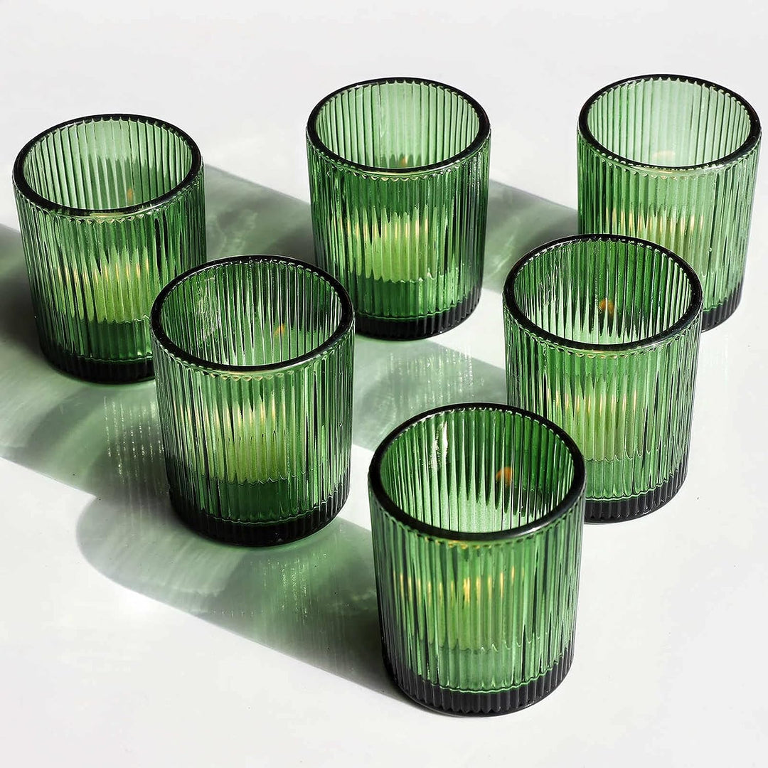 Vohocandle 12 Stück Teelichthalter aus geripptem Glas, grün gerippte Votivkerzenhalter für Hochzeits