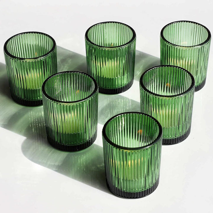 Vohocandle 12 Stück Teelichthalter aus geripptem Glas, grün gerippte Votivkerzenhalter für Hochzeits
