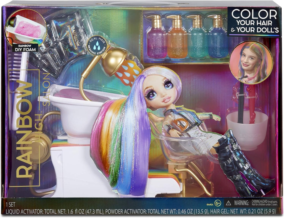 Rainbow High 567448E7C Salon Playset, Frisörsalon mit Salon-Stuhl mit Wasserfunktion und über 20 wei