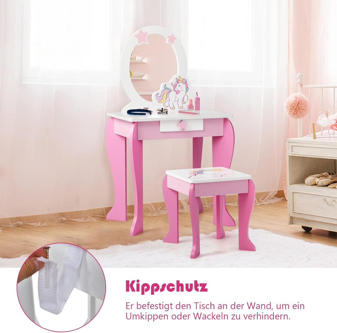 DREAMADE Kinder Schminktisch mit Hocker und Abnehmbarer Spiegel, Prinzessin Frisiertisch für Kinder,