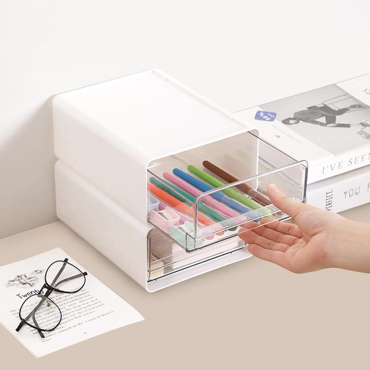 4 Stück Stapelbar Schreibtisch Organize mit 4 Schubladen, Transparent Weiss Schubladenboxen mit Etik