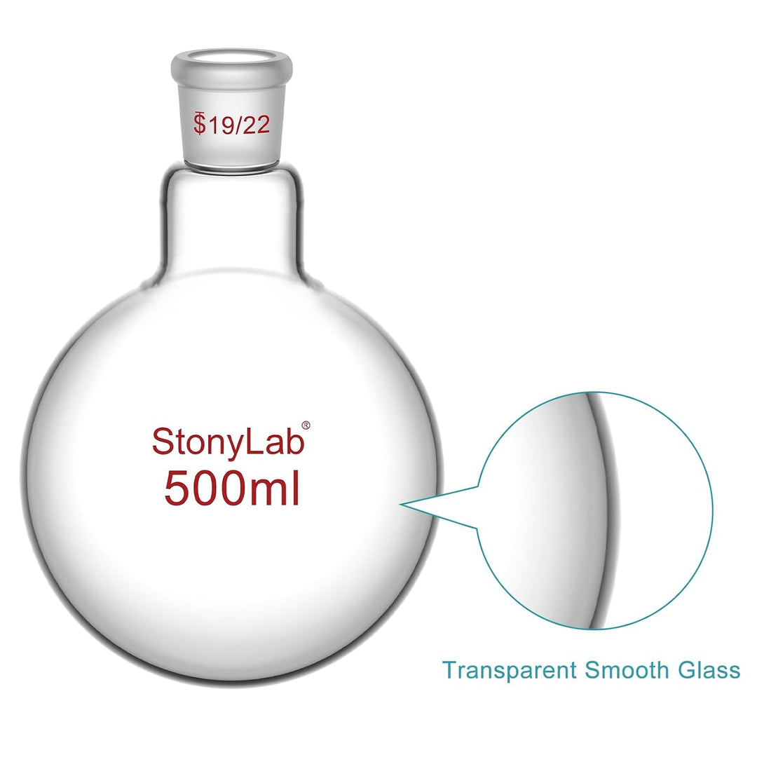 StonyLab 500ml Borosilikat Glas Einhalsrundkolben, Glas Einhals Rundkolben RBF mit 19/22 Standard Ta