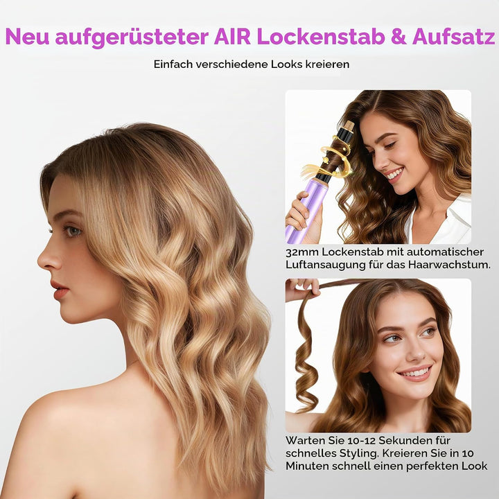 Neue Airstyler 5 in 1 Föhnbürste Set, Ionen Hairstyler mit 30mm Warmluft-Lockenstab | 1000W Haartroc