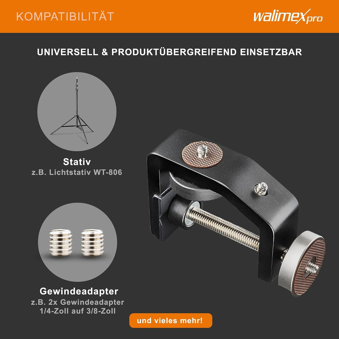 Walimex pro KX-20 Stativ Klemme – Klemmstativ, Blitzklemme, Aluminium, mit ausziehbarer Mittelsäule
