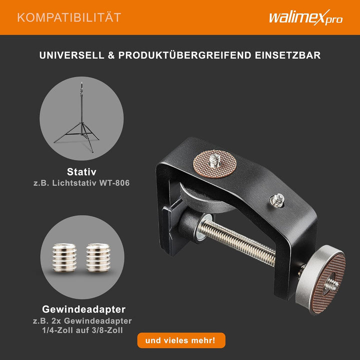 Walimex pro KX-20 Stativ Klemme – Klemmstativ, Blitzklemme, Aluminium, mit ausziehbarer Mittelsäule