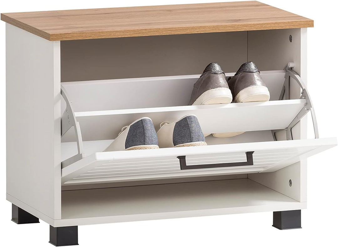 Schildmeyer Jelda Schuhbank, Holzwerkstoff, matt weiss/Eiche Landhaus Dekor, 62 x 34,1 x 47,2 cm