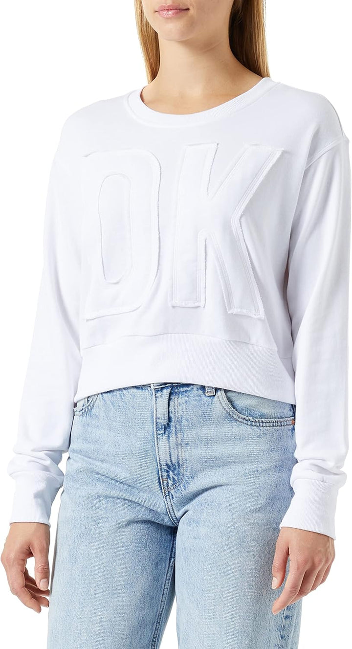 DKNY Damen Exploded Applique Logo Crewneck Pullover Sweater S Weiss, S Weiss