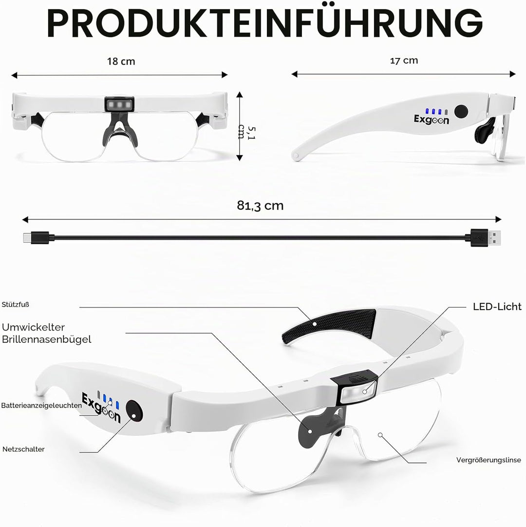 Lupenbrille mit Licht, 1,5-fache bis 5-fache Lupe mit 4 abnehmbaren Gläsern, freihändige, wiederaufl