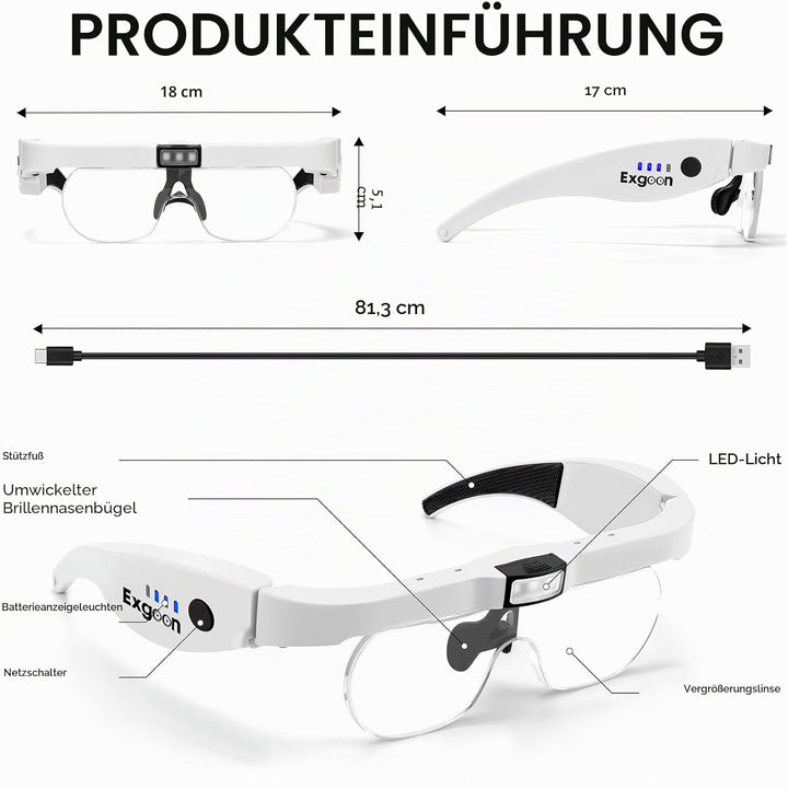 Lupenbrille mit Licht, 1,5-fache bis 5-fache Lupe mit 4 abnehmbaren Gläsern, freihändige, wiederaufl