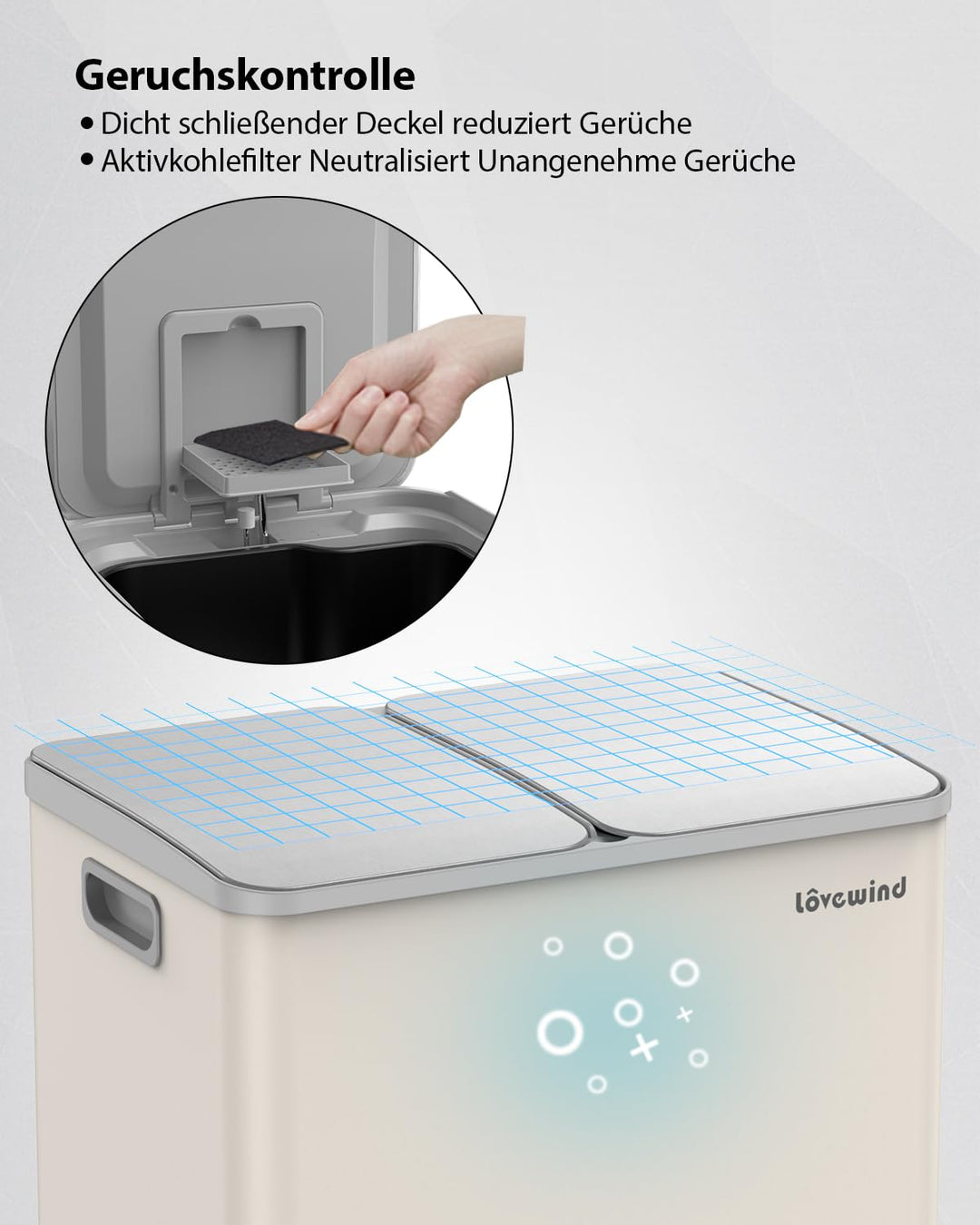 lovewind Mülleimer, 2 x 30L Mülleimer Küche,Doppeleimer für Recycling und Abfall,Soft Beige,Mülleime