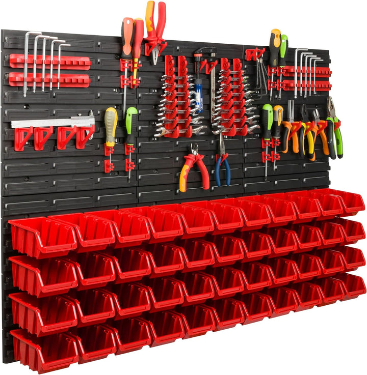 Lagersystem Werkstattregal | 117 x 78 cm | 44 stck. Box | Wandregal mit Werkzeughalterungen und Stap