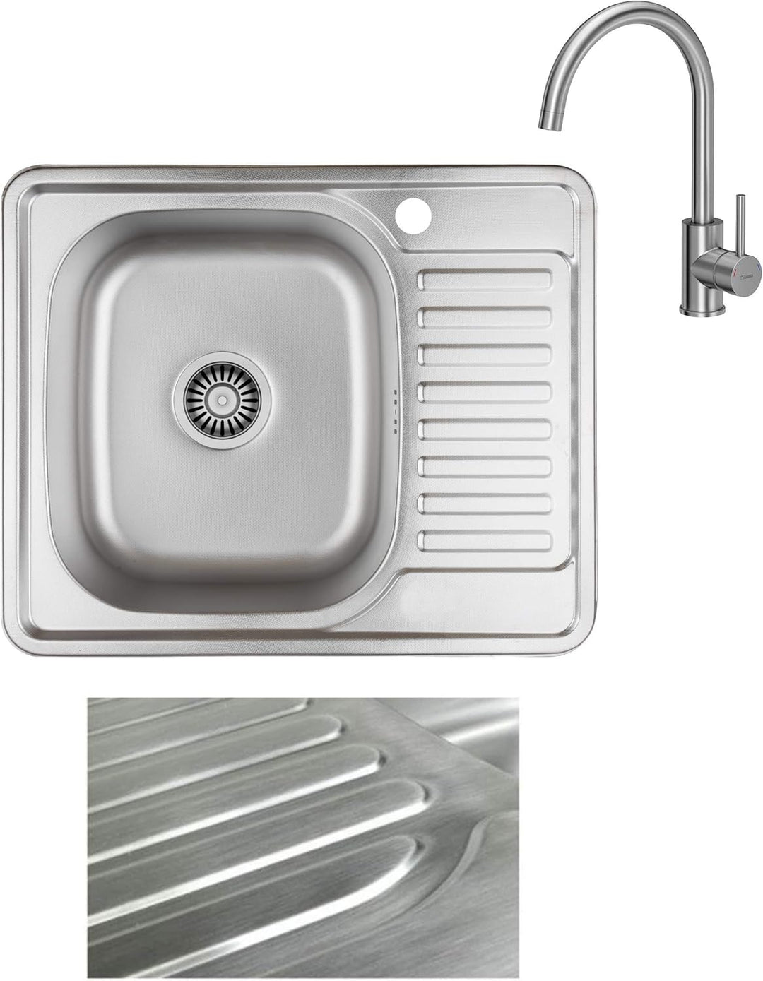 VBChome Einbauspüle mit Armatur 58x48 Satinstruktur ab 45er Unterschrank Edelstahl Küchenspüle Spüle