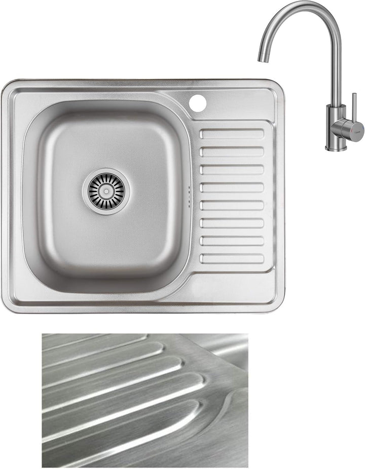 VBChome Einbauspüle mit Armatur 58x48 Satinstruktur ab 45er Unterschrank Edelstahl Küchenspüle Spüle