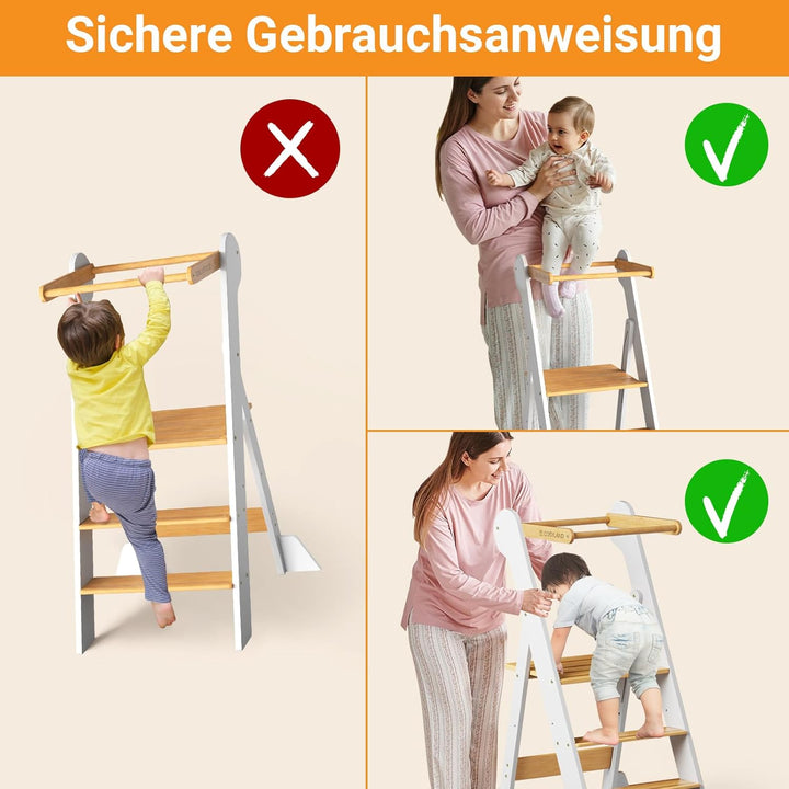 COSYLAND Montessori Lernturm ab 1 Jahr klappbar – Höhenverstellbarer Kinder Lernturm | Faltbarer Mon