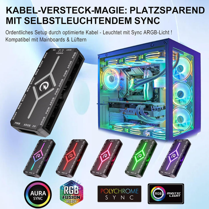 H8 ARGB Hub, 9-Port PWM-Lüftersteuerung, 5V 3-Pin ARGB, Schwarz