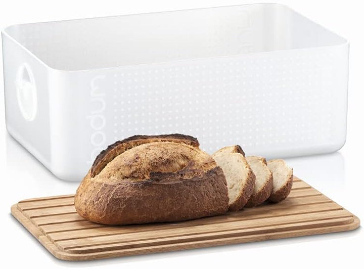 Bodum bistroBrotkasten mit Bambus-Schneidebrett (BPA-freier Kunststoff, leichte Reinigung) cremefarb