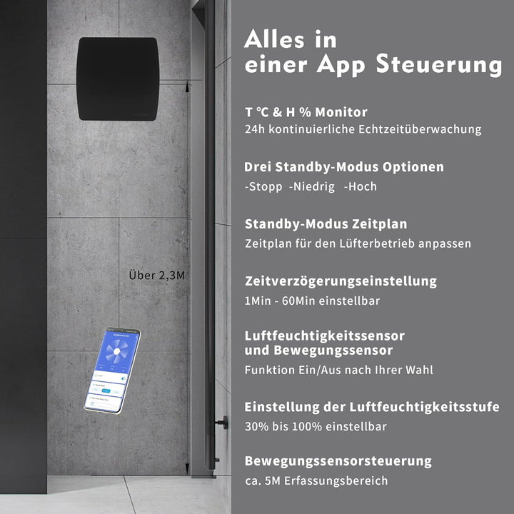 Nova100 100mm Smart WiFi Badlüfter mit Luftfeuchtigkeitssensor, Bewegungsensor und Nachlaufzeit zur