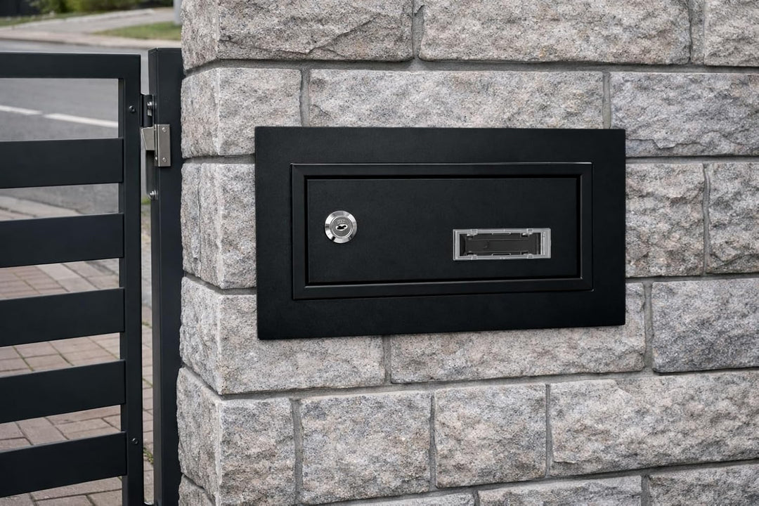 Mauerdurchwurf Briefkasten Schwarz Matt RAL 9017 mit Rahmen Einbaubriefkasten XXL Wandstärke 260–420