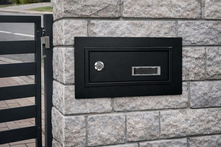 Mauerdurchwurf Briefkasten Schwarz Matt RAL 9017 mit Rahmen Einbaubriefkasten XXL Wandstärke 260–420