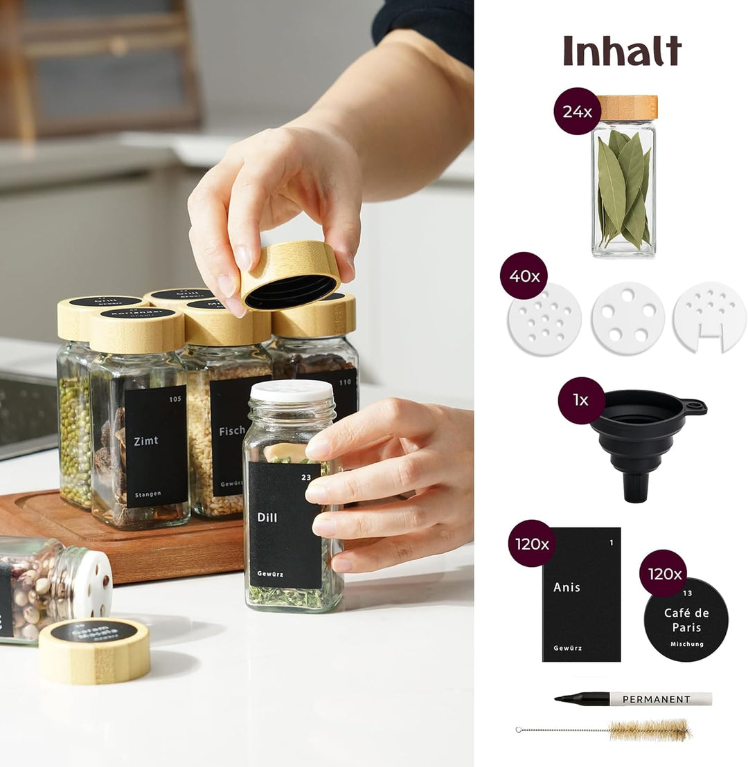 Gewürzgläser Set - 24 Gewürzgläser mit Etiketten und Bambusdeckeln - 120 ml Gläser mit Streueinsätze