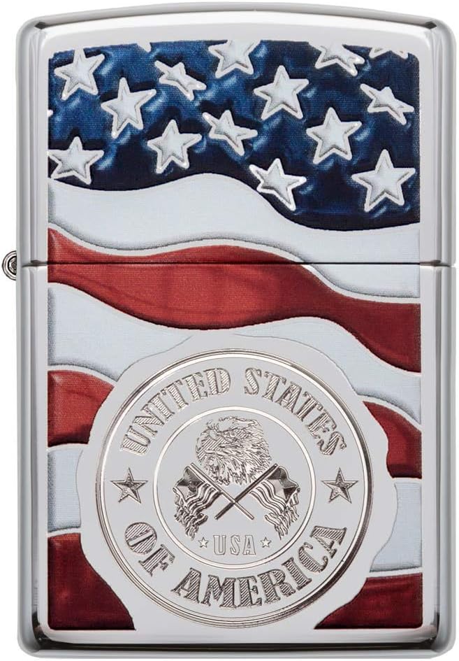 Zippo American Stempel auf Flagge Winddicht Feuerzeug – Chrom poliert American Stam On Flag, America