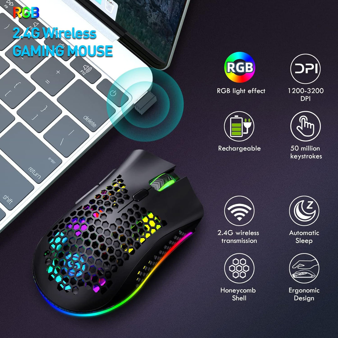 JYCSTE Kabellose leichte Gaming-Maus, ultraleichte Wabenmäuse mit RGB-Hintergrundbeleuchtung, 7 Tast