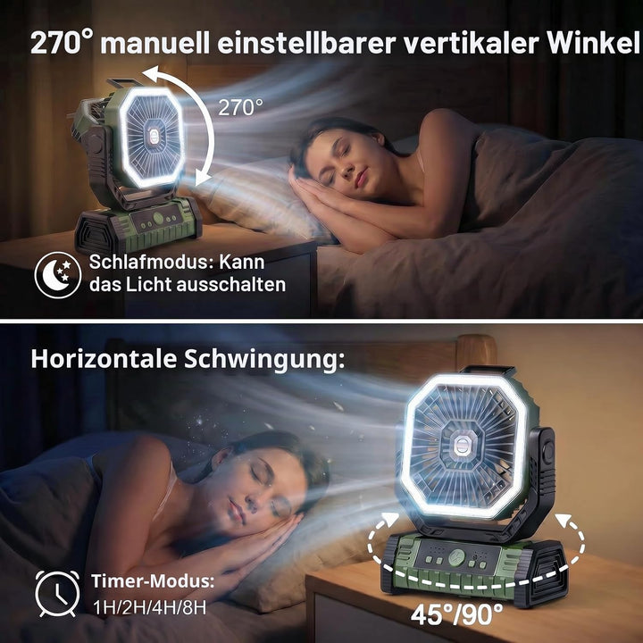 Vxoyo 20000mAh camping ventilator mit Licht, 4 Stufen, Akku-Zeltlüfter mit FB &amp; Haken, 8h Timer, Ebe