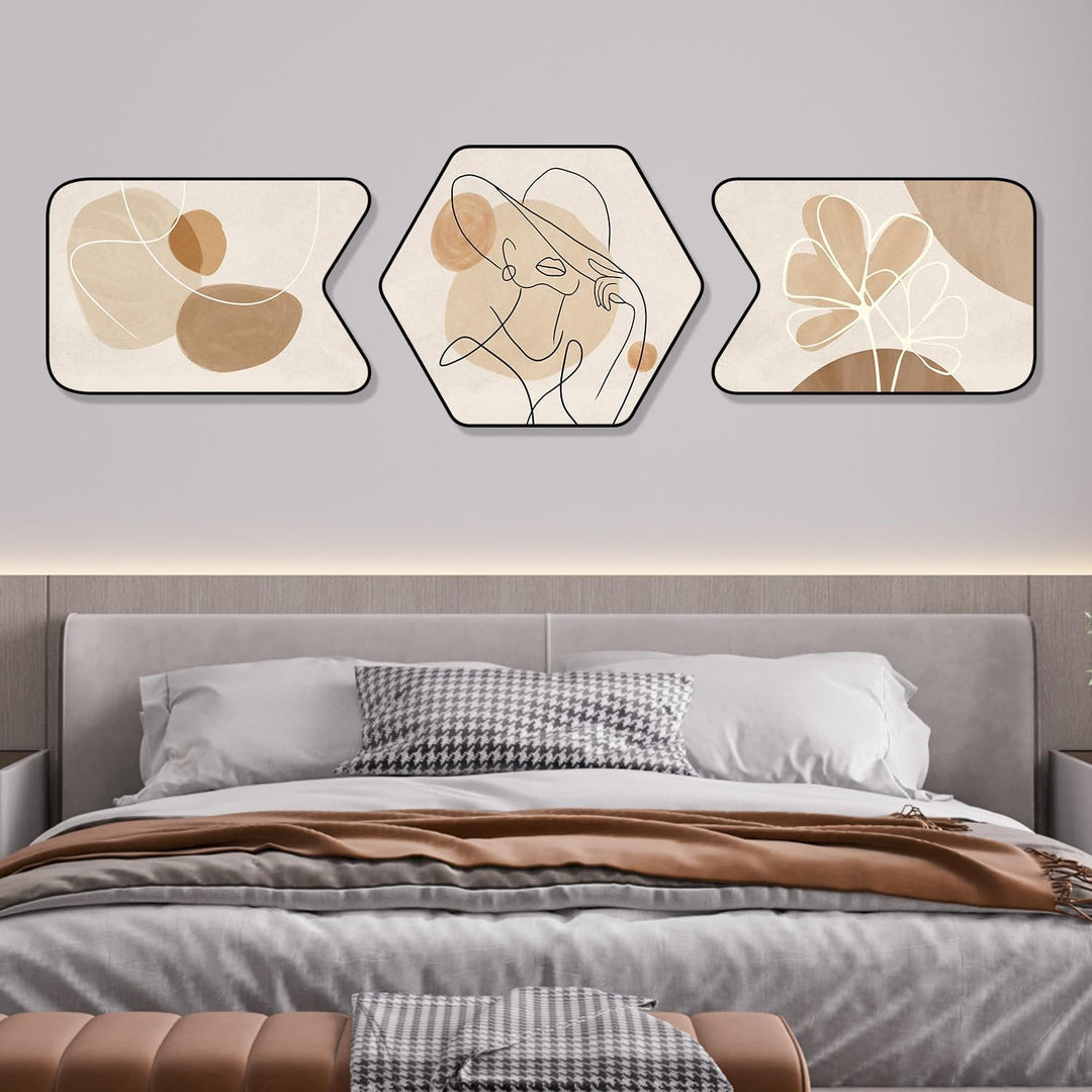 Gouwgenr Bilder mit Rahmen PVC 60x40cm Moderne Abstrakt Line Art Bilder Beige 3 Stück Kristall Bild